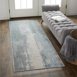 HomeRoots 4' Modern Abstract Area Rug in Gray, Ivory, and Blue - Stylish, Durable Design for Any Room 8' Runner 513041