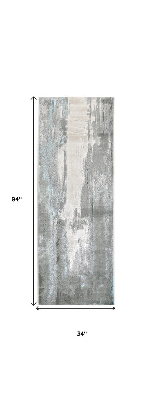 HomeRoots 4' Modern Abstract Area Rug in Gray, Ivory, and Blue - Stylish, Durable Design for Any Room 8' Runner 513041