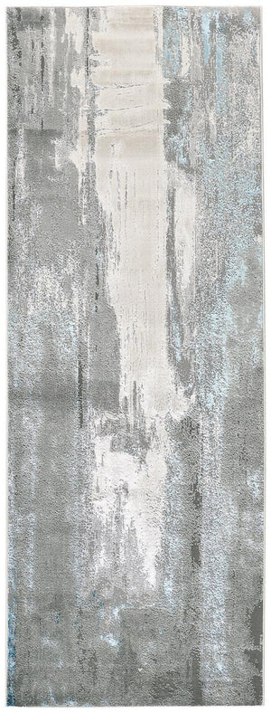 HomeRoots 4' Modern Abstract Area Rug in Gray, Ivory, and Blue - Stylish, Durable Design for Any Room 8' Runner 513041