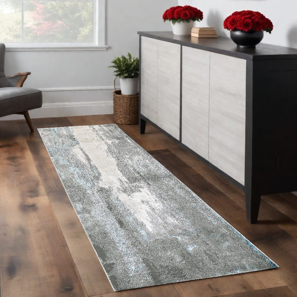 HomeRoots 4' Modern Abstract Area Rug in Gray, Ivory, and Blue - Stylish, Durable Design for Any Room 8' Runner 513041
