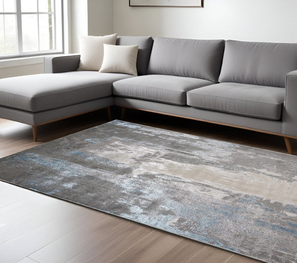 HomeRoots 4' Modern Abstract Area Rug in Gray, Ivory, and Blue - Stylish, Durable Design for Any Room 12' X 15' 513042