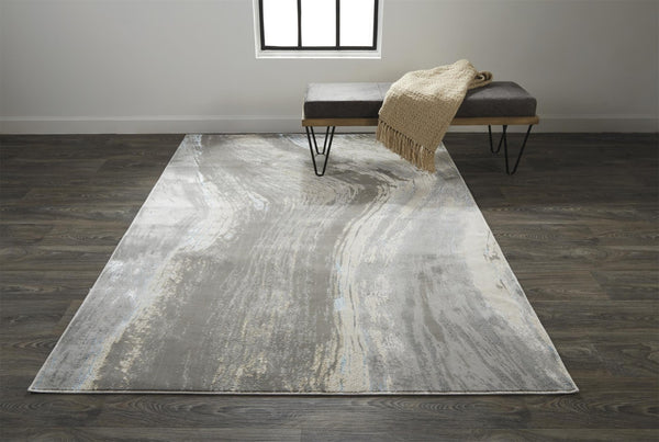 HomeRoots 4' Contemporary Gray Ivory and Blue Abstract Area Rug - Stylish, Cozy Addition for Any Space 9' X 12' 513057