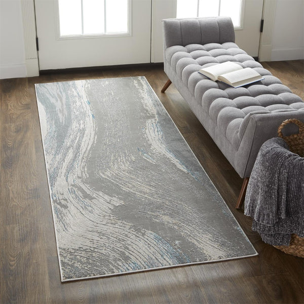 HomeRoots 4' Contemporary Gray Ivory and Blue Abstract Area Rug - Stylish, Cozy Addition for Any Space 8' Runner 513060