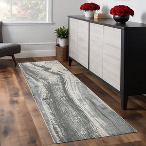 HomeRoots 4' Contemporary Gray Ivory and Blue Abstract Area Rug - Stylish, Cozy Addition for Any Space 8' Runner 513060