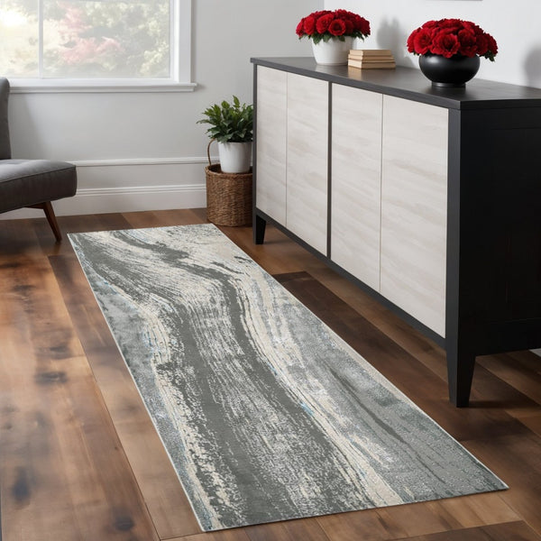 HomeRoots 4' Contemporary Gray Ivory and Blue Abstract Area Rug - Stylish, Cozy Addition for Any Space 8' Runner 513060