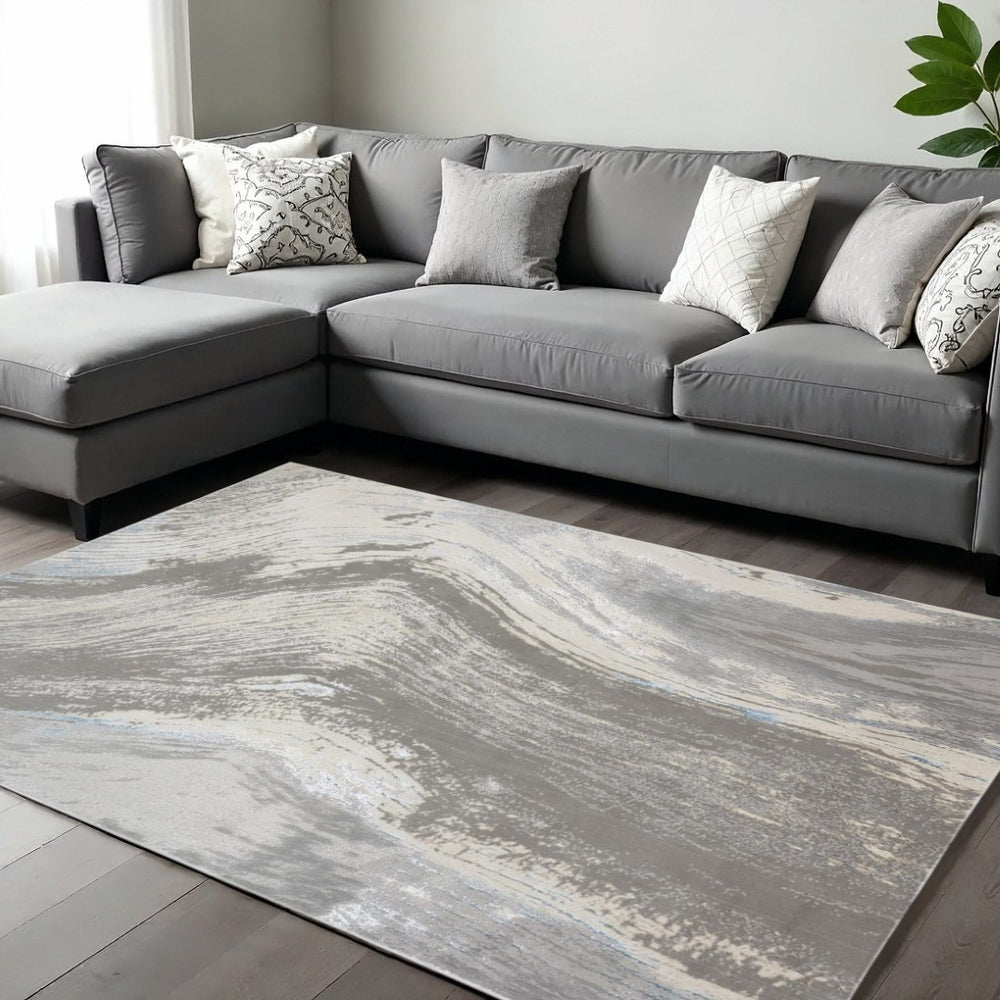 HomeRoots 4' Contemporary Gray Ivory and Blue Abstract Area Rug - Stylish, Cozy Addition for Any Space 12' X 15' 513061