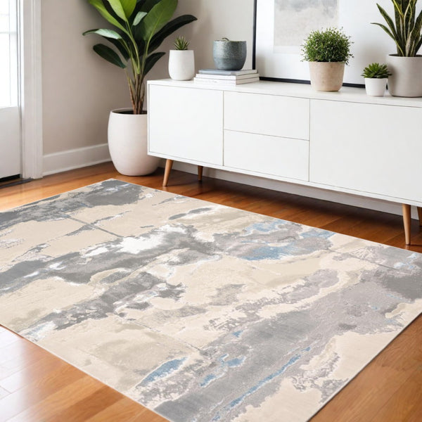 HomeRoots 4' Modern Abstract Area Rug in Soft Gray, Ivory, and Blue for a Cozy Contemporary Home Decor 4' X 6' 513064