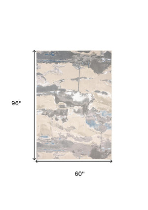 HomeRoots 4' Modern Abstract Area Rug in Soft Gray, Ivory, and Blue for a Cozy Contemporary Home Decor 5' X 8' 513065