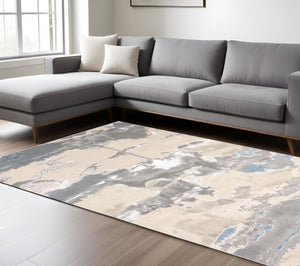 HomeRoots 4' Modern Abstract Area Rug in Soft Gray, Ivory, and Blue for a Cozy Contemporary Home Decor 8' X 10' 513066