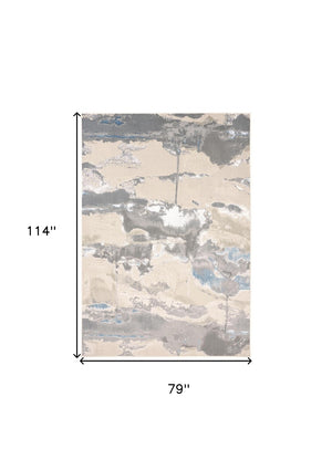 HomeRoots 4' Modern Abstract Area Rug in Soft Gray, Ivory, and Blue for a Cozy Contemporary Home Decor 7' X 10' 513067