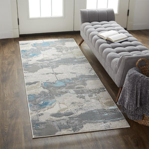 HomeRoots 4' Modern Abstract Area Rug in Soft Gray, Ivory, and Blue for a Cozy Contemporary Home Decor 8' Runner 513071