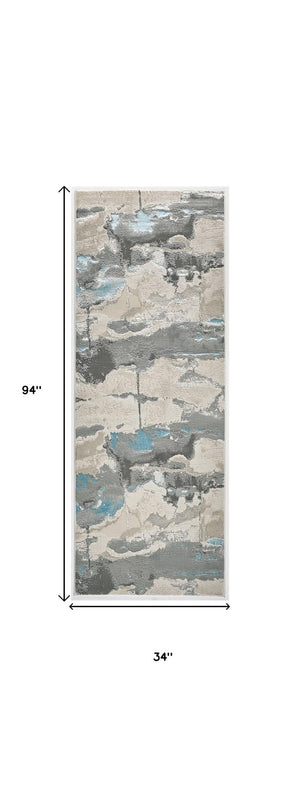 HomeRoots 4' Modern Abstract Area Rug in Soft Gray, Ivory, and Blue for a Cozy Contemporary Home Decor 8' Runner 513071