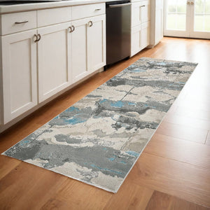 HomeRoots 4' Modern Abstract Area Rug in Soft Gray, Ivory, and Blue for a Cozy Contemporary Home Decor 8' Runner 513071