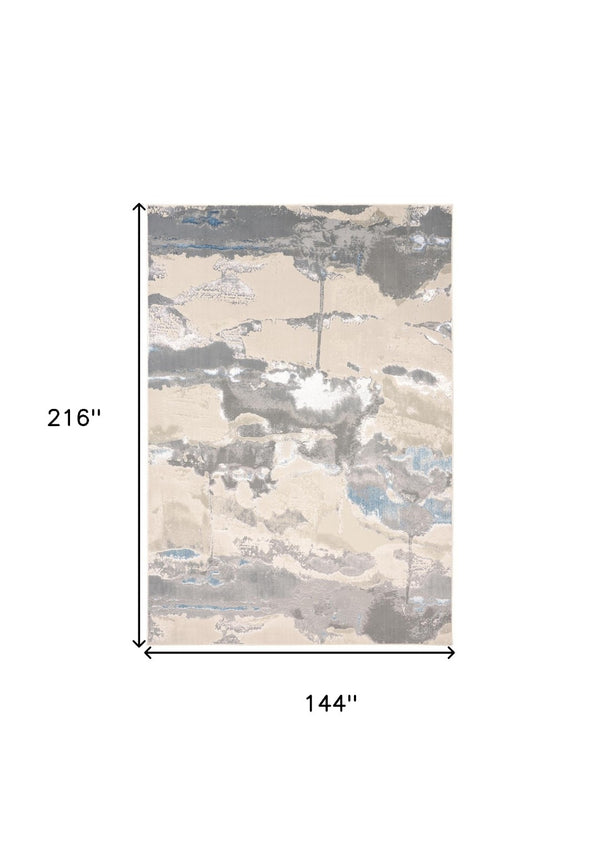 HomeRoots 4' Modern Abstract Area Rug in Soft Gray, Ivory, and Blue for a Cozy Contemporary Home Decor 12' X 18' 513073