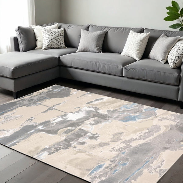 HomeRoots 4' Modern Abstract Area Rug in Soft Gray, Ivory, and Blue for a Cozy Contemporary Home Decor 13' X 20' 513074