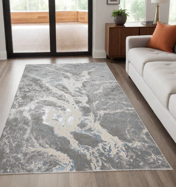HomeRoots 4' Gray and Ivory Abstract Power Loom Area Rug - Modern Design for High-Traffic Spaces and Easy Care 5' X 8' 513076