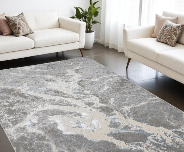 HomeRoots 4' Gray and Ivory Abstract Power Loom Area Rug - Modern Design for High-Traffic Spaces and Easy Care 10' X 13' 513081