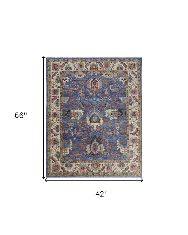 HomeRoots 4' Hand-Knotted Wool Area Rug with Blue and Red Floral Design - Durable, Stain-Resistant Beauty 4' X 6' 513086