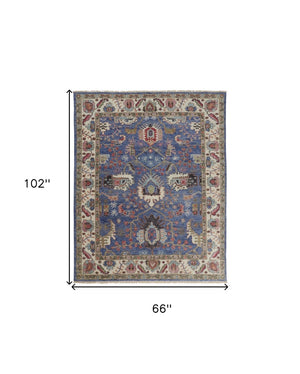 HomeRoots 4' Hand-Knotted Wool Area Rug with Blue and Red Floral Design - Durable, Stain-Resistant Beauty 5' X 8' 513087