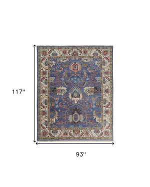 HomeRoots 4' Hand-Knotted Wool Area Rug with Blue and Red Floral Design - Durable, Stain-Resistant Beauty 8' X 10' 513088
