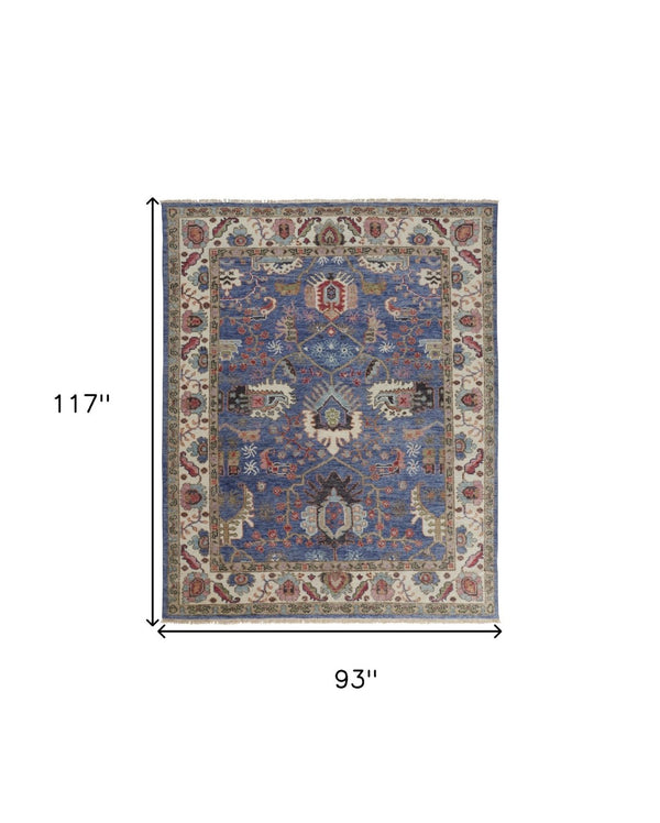 HomeRoots 4' Hand-Knotted Wool Area Rug with Blue and Red Floral Design - Durable, Stain-Resistant Beauty 8' X 10' 513088