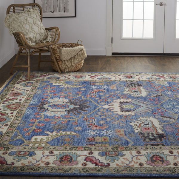 HomeRoots 4' Hand-Knotted Wool Area Rug with Blue and Red Floral Design - Durable, Stain-Resistant Beauty 8' X 10' 513088