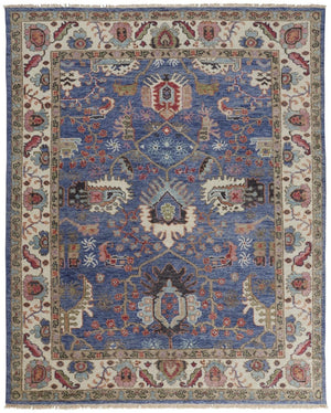 HomeRoots 4' Hand-Knotted Wool Area Rug with Blue and Red Floral Design - Durable, Stain-Resistant Beauty 9' X 12' 513089
