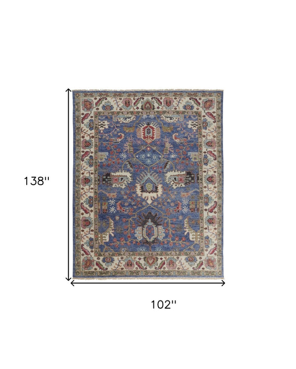 HomeRoots 4' Hand-Knotted Wool Area Rug with Blue and Red Floral Design - Durable, Stain-Resistant Beauty 9' X 12' 513089