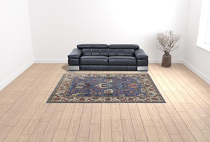 HomeRoots 4' Hand-Knotted Wool Area Rug with Blue and Red Floral Design - Durable, Stain-Resistant Beauty 9' X 12' 513089