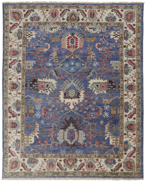 HomeRoots 4' Hand-Knotted Wool Area Rug with Blue and Red Floral Design - Durable, Stain-Resistant Beauty 10' X 13' 513090