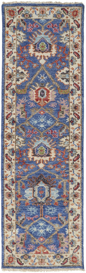 HomeRoots 4' Hand-Knotted Wool Area Rug with Blue and Red Floral Design - Durable, Stain-Resistant Beauty 8' Runner 513091