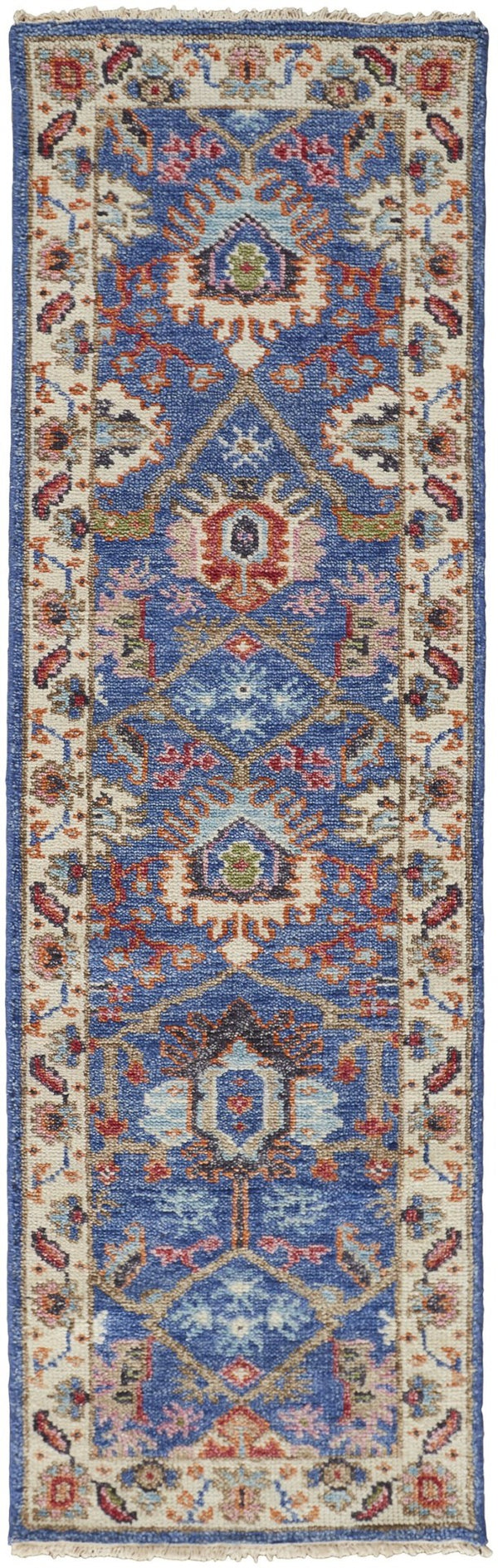 HomeRoots 4' Hand-Knotted Wool Area Rug with Blue and Red Floral Design - Durable, Stain-Resistant Beauty 8' Runner 513091