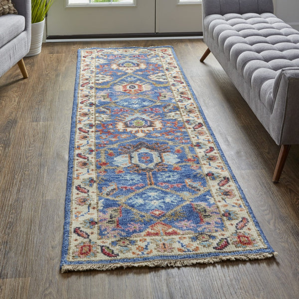 HomeRoots 4' Hand-Knotted Wool Area Rug with Blue and Red Floral Design - Durable, Stain-Resistant Beauty 8' Runner 513091