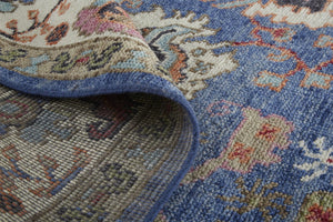 HomeRoots 4' Hand-Knotted Wool Area Rug with Blue and Red Floral Design - Durable, Stain-Resistant Beauty 8' Runner 513091