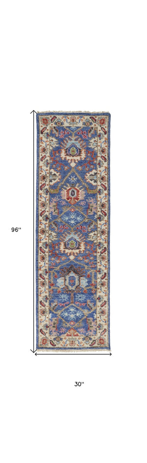 HomeRoots 4' Hand-Knotted Wool Area Rug with Blue and Red Floral Design - Durable, Stain-Resistant Beauty 8' Runner 513091