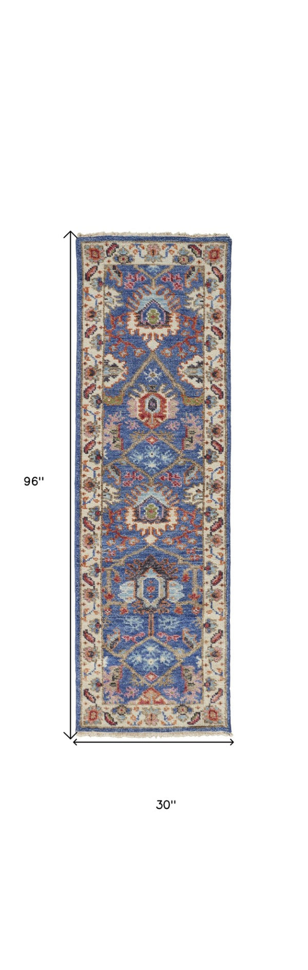 HomeRoots 4' Hand-Knotted Wool Area Rug with Blue and Red Floral Design - Durable, Stain-Resistant Beauty 8' Runner 513091
