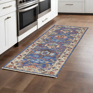 HomeRoots 4' Hand-Knotted Wool Area Rug with Blue and Red Floral Design - Durable, Stain-Resistant Beauty 8' Runner 513091