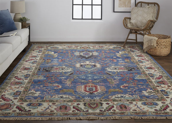 HomeRoots 4' Hand-Knotted Wool Area Rug with Blue and Red Floral Design - Durable, Stain-Resistant Beauty 12' X 15' 513092