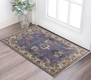 HomeRoots 4' Hand-Knotted Wool Area Rug with Blue and Red Floral Design - Durable, Stain-Resistant Beauty 2' X 3' 513093