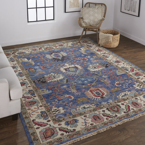 HomeRoots 4' Hand-Knotted Wool Area Rug with Blue and Red Floral Design - Durable, Stain-Resistant Beauty 2' X 3' 513093