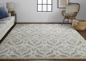 Homeroots 8' X 10' Ivory Gray And Blue Wool Floral Hand Knotted Stain Resistant Area Rug  Wool 513096