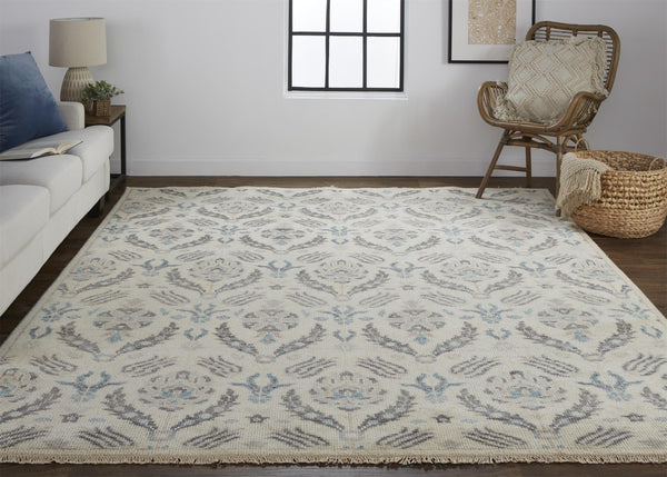 Homeroots 8' X 10' Ivory Gray And Blue Wool Floral Hand Knotted Stain Resistant Area Rug  Wool 513096