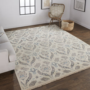 Homeroots 8' X 10' Ivory Gray And Blue Wool Floral Hand Knotted Stain Resistant Area Rug  Wool 513096
