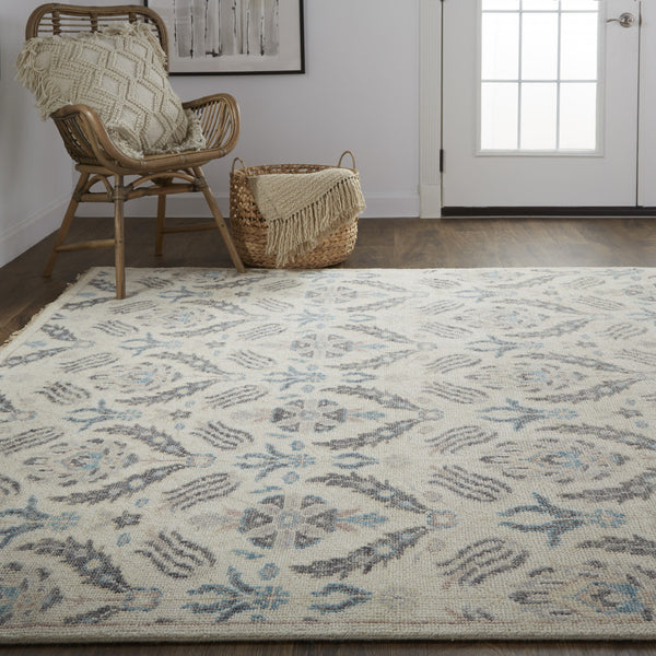 Homeroots 8' X 10' Ivory Gray And Blue Wool Floral Hand Knotted Stain Resistant Area Rug  Wool 513096