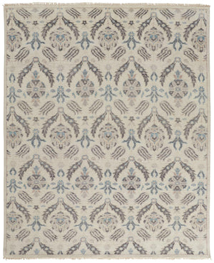 Homeroots 9' X 12' Ivory Gray And Blue Wool Floral Hand Knotted Stain Resistant Area Rug  Wool 513097