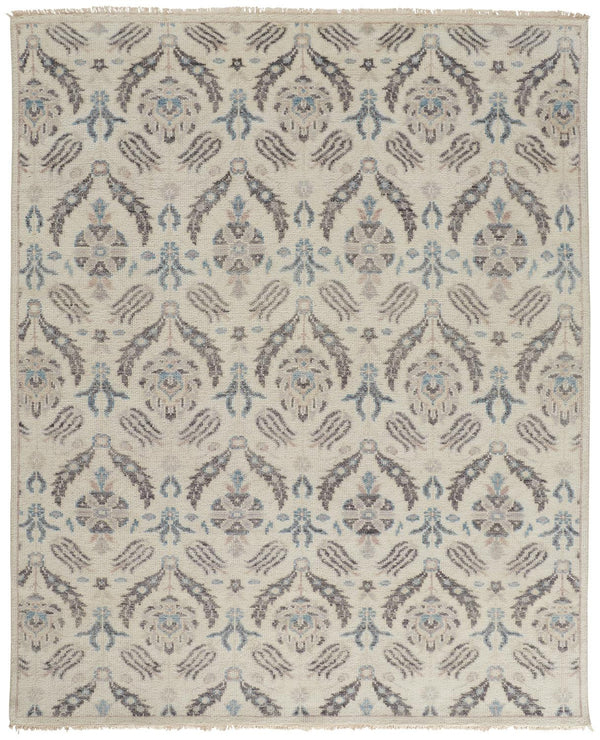 Homeroots 9' X 12' Ivory Gray And Blue Wool Floral Hand Knotted Stain Resistant Area Rug  Wool 513097