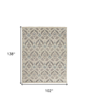Homeroots 9' X 12' Ivory Gray And Blue Wool Floral Hand Knotted Stain Resistant Area Rug  Wool 513097