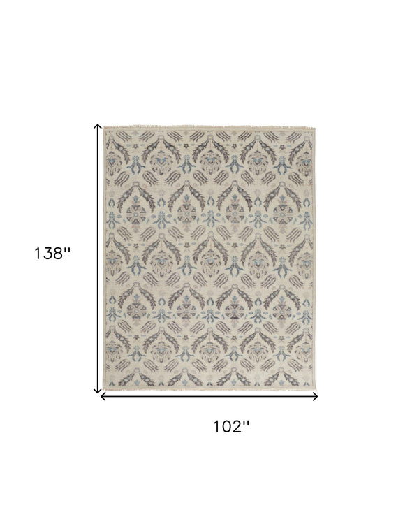 Homeroots 9' X 12' Ivory Gray And Blue Wool Floral Hand Knotted Stain Resistant Area Rug  Wool 513097