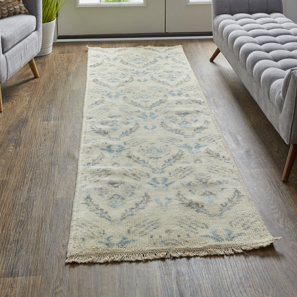 Homeroots 8' Gray And Ivory Wool Floral Hand Knotted Runner Rug With Fringe  Wool 513099