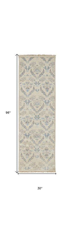 Homeroots 8' Gray And Ivory Wool Floral Hand Knotted Runner Rug With Fringe  Wool 513099